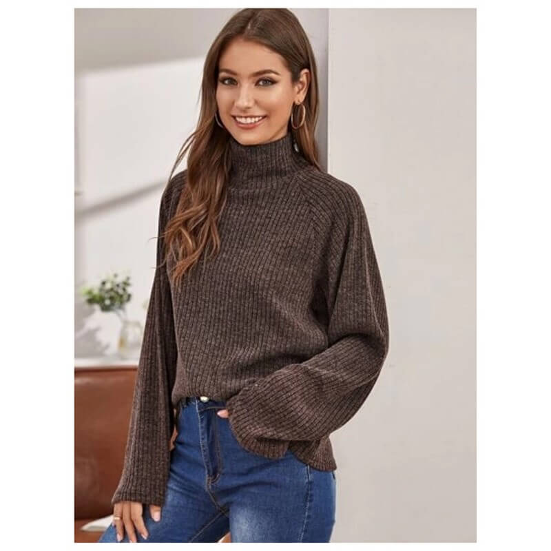Romwe Women’s Casual Long Sleeve Loose High Neck Rib Knit Solid Sweater Pullover Top