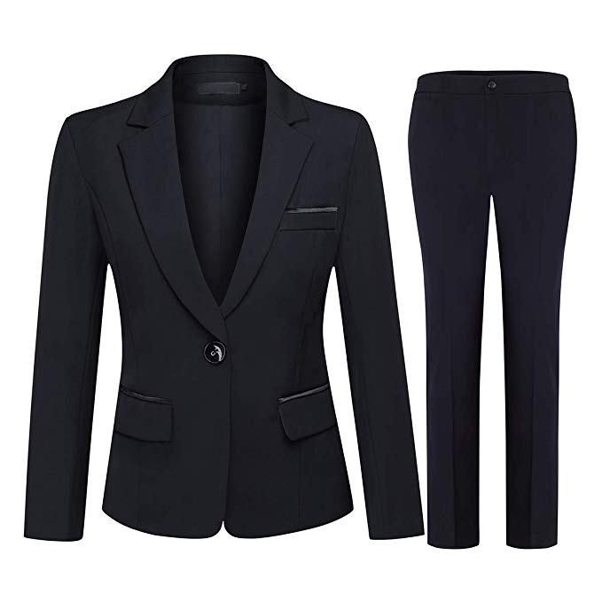 MFrannie Womens Office Fitted One Button Lined Blazer and Pants Suit Set Black