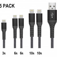 Maple Electrons Phone Charge Cable 5Pack (3/6/6/10/10ft), Nylon Braided USB Fast Charging & Syncing Cable, Compatible with Phone Xs Max/8/7/6 and More