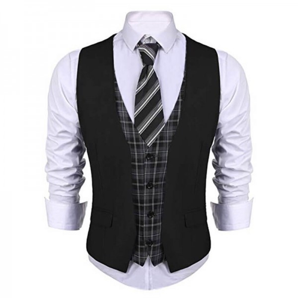 COOFANDY Men's V-Neck Slim Fit Dress Waistcoat Plaid Layered Suit Vest ...