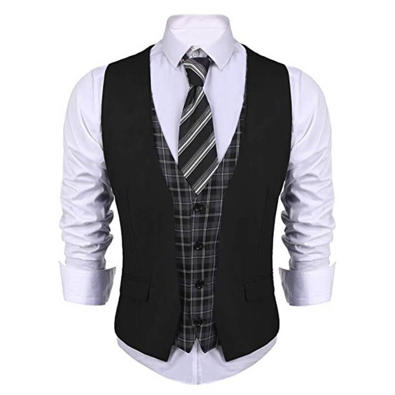 COOFANDY Men’s V-Neck Slim Fit Dress Waistcoat Plaid Layered Suit Vest
