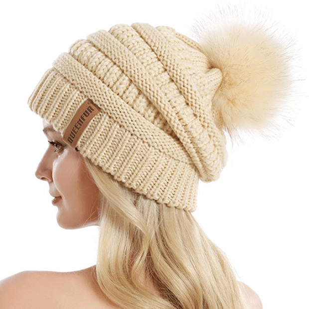 Queenfur Knit Slouchy Beanie for Women Thick Baggy Hat Faux Fur Pompom Winter Hat