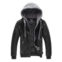 Wantdo Men's Leather Jacket with Removable Hood