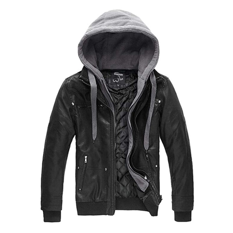 Wantdo Men’s Leather Jacket with Removable Hood