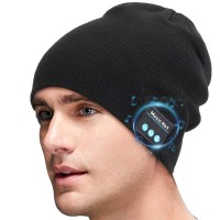 SMINIKER Bluetooth Beanie Hat V5.0 Stereo Unisex Skull Knit Cap Wireless Winter Knit Hats Running Headphones Cap Music Beanie Hat with 2 Stereo Speakers & Mic for iPhone and Android (Black)