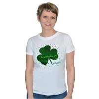 Carrolls Irish Gifts Shamrock Designed Ladies V-Neck T-Shirt with 2-Way Sequins, White Colour