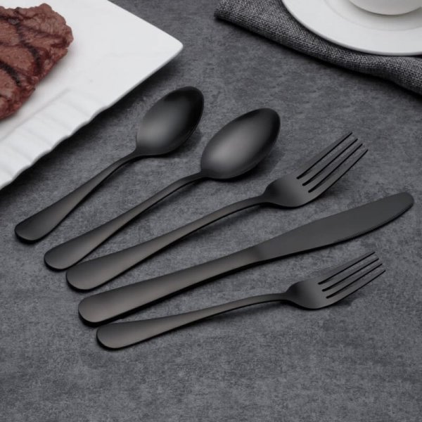 Berglander Flatware Set Black Gold, 20 Piece Black Flatware