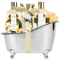 Spa Luxetique Spa Gift Basket Vanilla Fragrance, Luxurious 8pc Gift Baskets for Women, Cute Bath Tub Holder – Best Holiday Gift Set for Women Includes Shower Gel, Bubble Bath, Body Butter & More. Mother’s Day Gift Idea.
