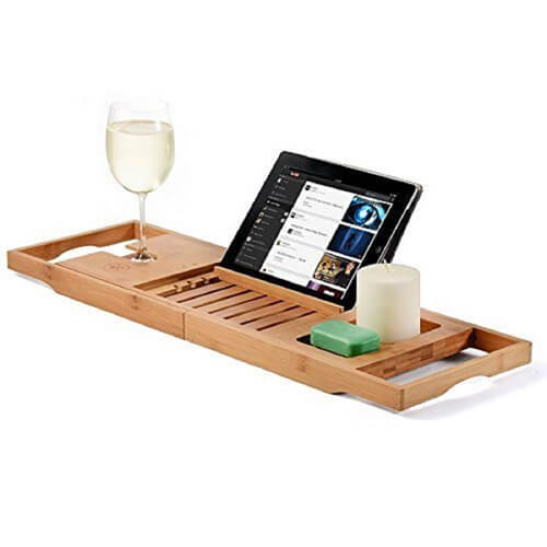 ... Royal Craft Wood Luxury Bamboo Bathtub Caddy Tray with Book and Wine Holder 