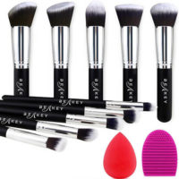 BEAKEY Makeup Brush Set,  Makeup Brushes with Makeup Sponge and Brush Cleaner (10+2pcs, Black/Silver)