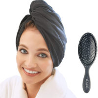 Ultra-Fine Microfiber Hair Towel Wrap – The Perfect Haircare – Anti-frizz Fast Drying Turban with Wet/Dry Brush (BLACK)