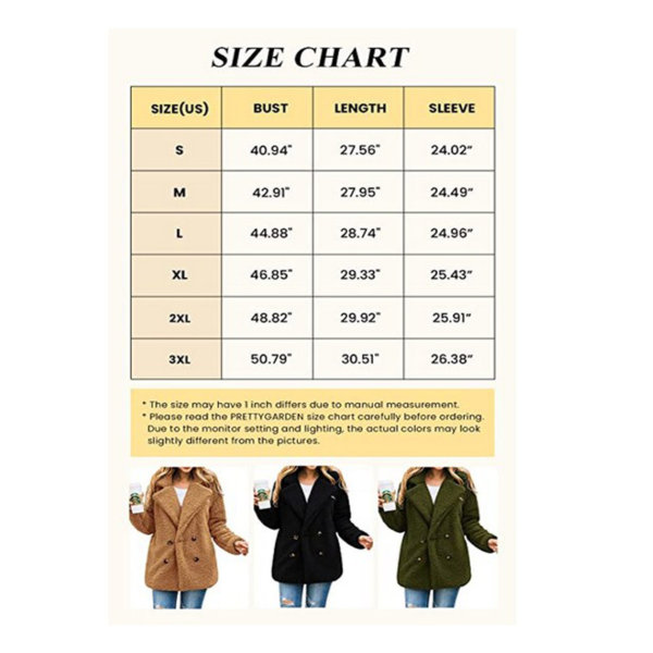 PRETTYGARDEN Women's Fashion Long Sleeve Lapel Zip Up Size Chart