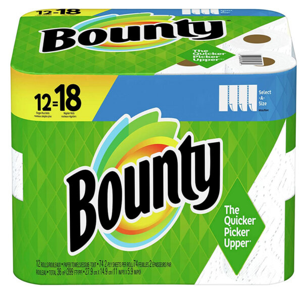 Bounty Select-A-Size Paper Towels, White, 12 Single Plus Rolls = 18 Regular Rolls, 12 Count