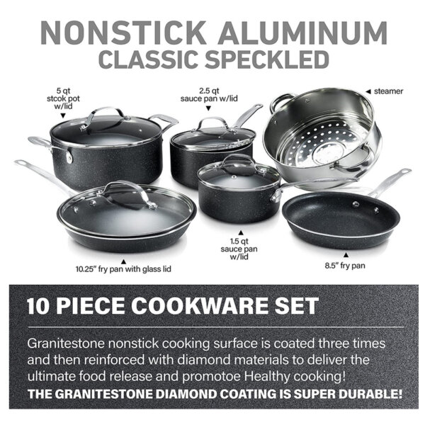 GRANITESTONE 10 Piece Cookware Set, Scratch-Proof, Nonstick Granite-Coated