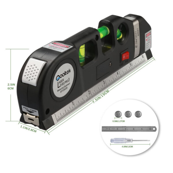 Qooltek Multipurpose Laser Level Horizon Horizontal Vertical Line 8ft+ Measure Tape