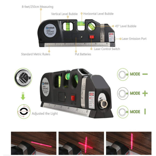 Qooltek Multipurpose Laser Level Horizon Horizontal Vertical Line 8ft+ Measure Tape Ruler direction to use