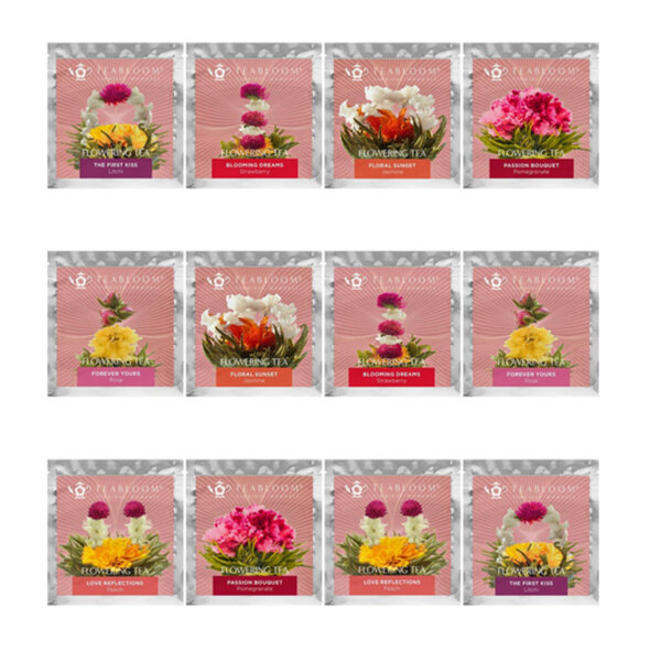 Teabloom Holiday Flowering Teas – 12 Assorted Blooming Tea Flowers – Green Tea + Jasmine, Pomegranate, Strawberry, Rose, Litchi & Peach