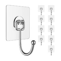 Large Adhesive Hooks for Hanging Heavy-Duty 44Ib(Max) 10 Packs, Wall Hooks without Nails Self-Adhesive Traceless Clear and Removable, Waterproof and Rustproof Multiple Uses for Bathroom Kitchen Home