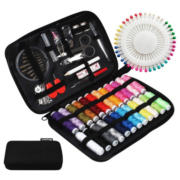 JUNING Sewing Kit with Case, 130 pcs Sewing Supplies for Home Travel and Emergency, Kids Machine, Contains 24 Spools of Thread of 100m, Mending and Sewing Needles