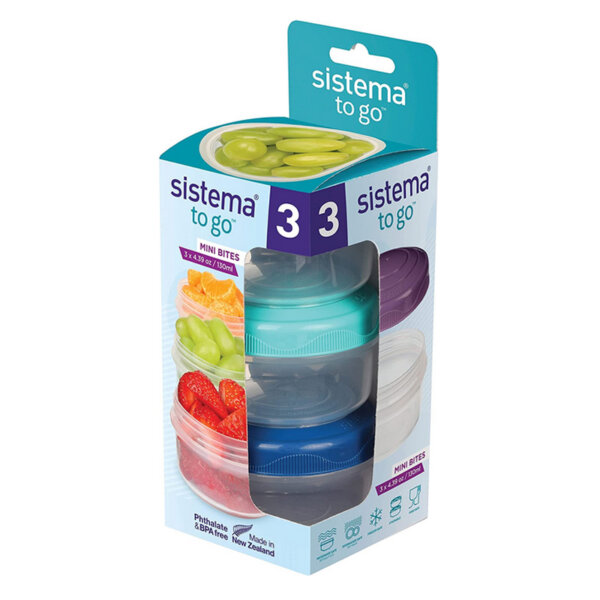 Sistema to Go Collection Mini Bites Small Food Storage Containers, 4.39 oz.130 mL, Pink, Green, Blue