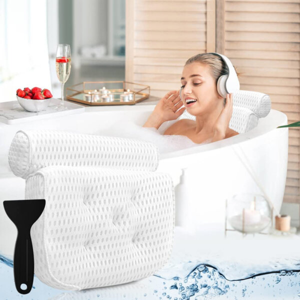 Bath Pillow Bathtub Pillow Bath Pillows for Tub with Neck, Head, Shoulder and Back Support 4D Air Mesh Spa Pillow for Bath Extra Thick, Soft and Quick Dry