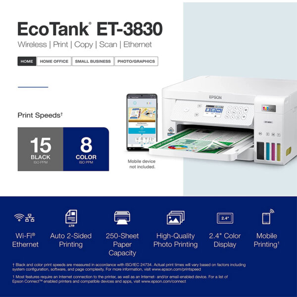 Epson EcoTank ET-3830 Wireless Color All-in-One Cartridge-Free Supertank Printer with Scan, Copy