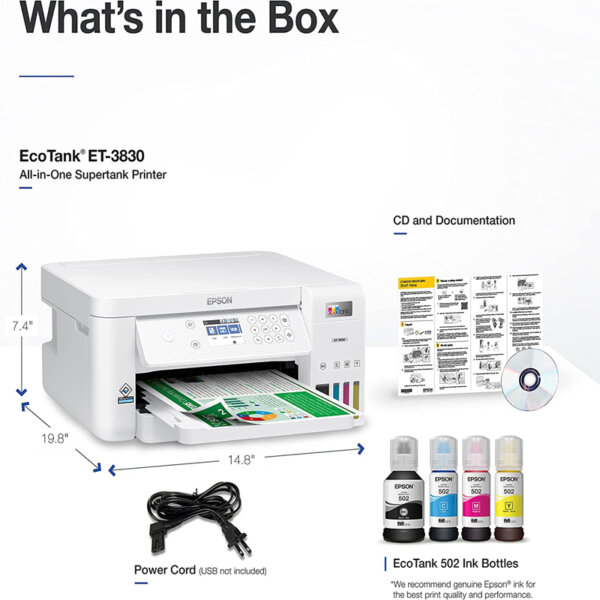 Epson EcoTank ET-3830 Wireless Color All-in-One Cartridge-Free Supertank Printer with Scan, Copy Supertank printer