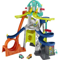 Fisher-Price Little People Toddler Race Track Playset with Lights Sounds and Hot Wheels Racing Loop, 2 Wheelies Cars, Launch & Loop Raceway​