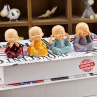 Tied Ribbons Set of 4 Buddha Monk Statues Miniature Figurines Showpiece for Wall Shelf Table Desktop Car Dashboard Decoration Home Office Decor (Multi Color) – Diwali Decorations for Home