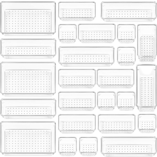 Vtopmart 25 PCS Plastic Clear Drawer Organizer, Acrylic Desk Drawer organizers and Storage for Makeup, Bathroom, Office, Cabinet, kitchen, Bedroom