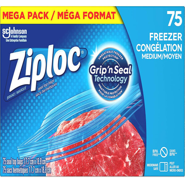 Ziploc Medium Food Storage Freezer Bags, Grip 'n Seal Technology for Easier Grip, Open and Close, 75 Count