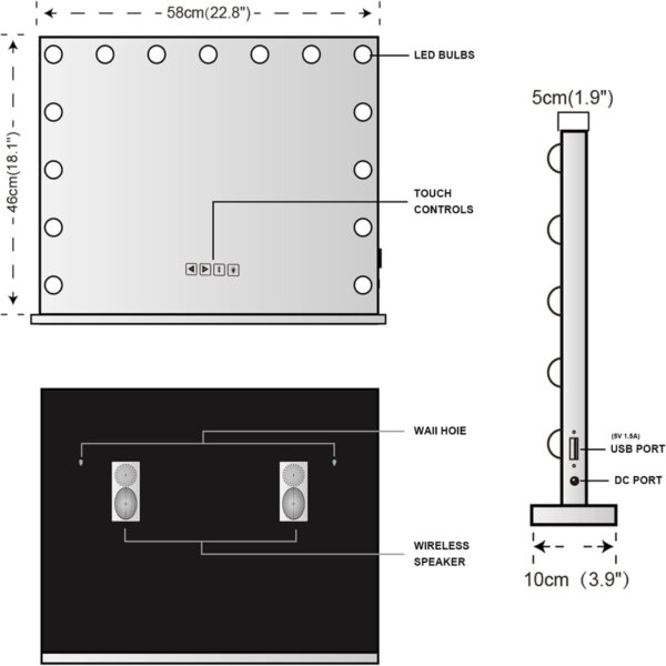 FENCHILIN Large Vanity Mirror with Lights and Bluetooth Speaker Size