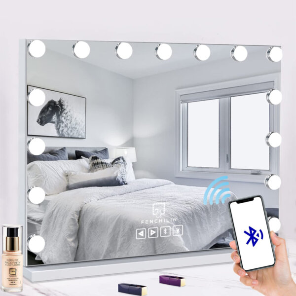 FENCHILIN Large Vanity Mirror with Lights and Bluetooth Speaker with 15 dimmable led bulbs