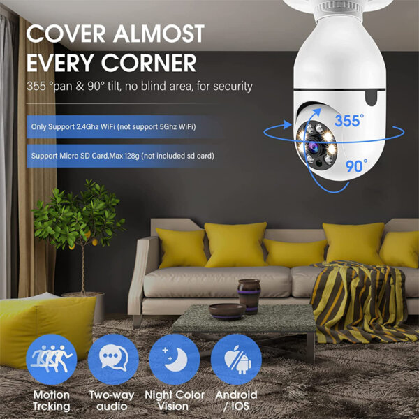 Light bulb security camera wireless 360°panoramic surveillance cam Cover almost every corner