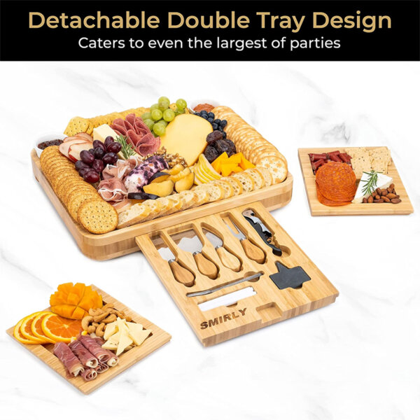 SMIRLY Large Charcuterie Boards Bamboo Cheese Board and Knife Set Detachable double tray