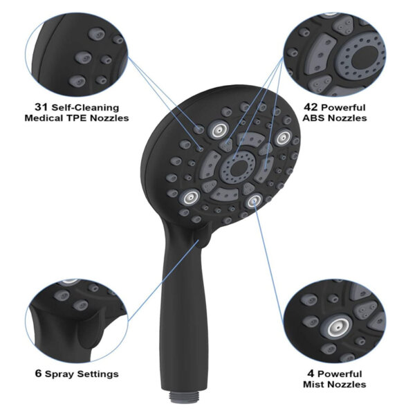 Shower Head -SR SUN RISE 6-Settings 4.8 High Pressure Handheld Shower Head Set Features