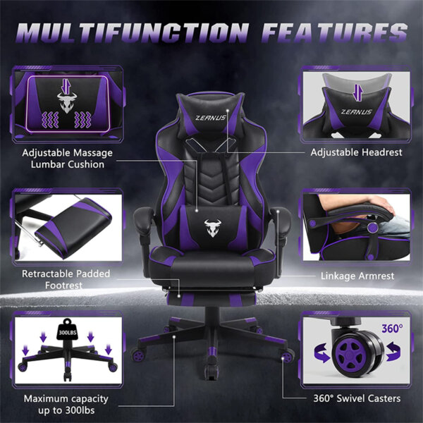 Zeanus Purple Gaming Chair multifunction features