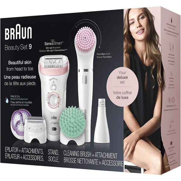 Braun-Epilator-Silk- pil-9-9-985,-Facial-Hair-Removal-for-Women,-Shaver,-Cordless,-Rechargeable,-Wet-&-Dry,-Facial-Cleansing-Brush Beautiful skin