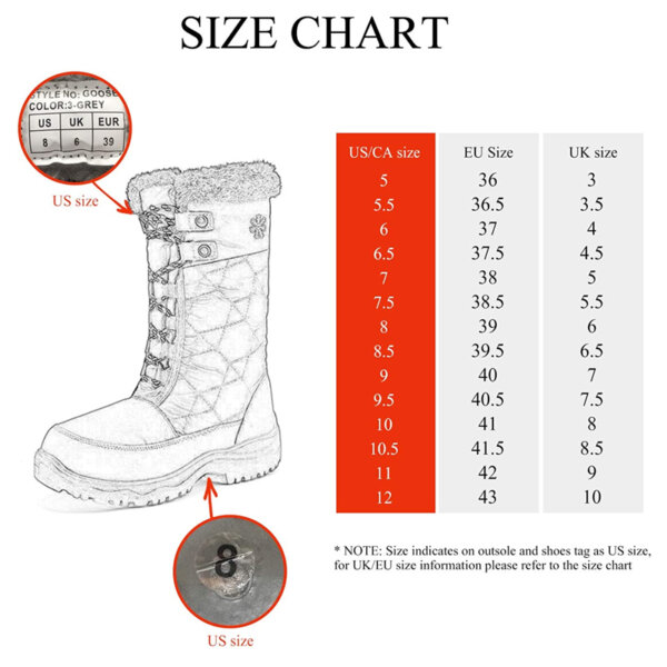 DREAM PAIRS Women's Warm Faux Fur Lined Mid-Calf Winter Snow Boots Size Chart