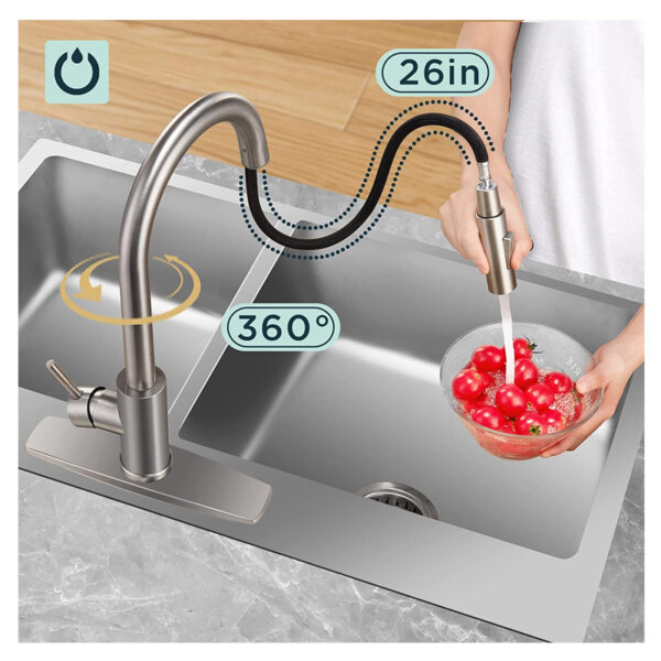 FORIOUS Kitchen Faucet, Kitchen Faucet with Pull Down Sprayer, Stainless Steel Single Handle Kitchen Sink Faucet 360