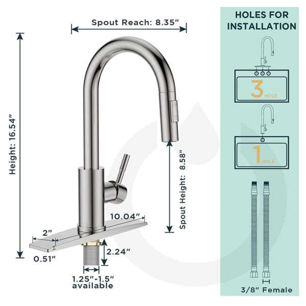 FORIOUS Kitchen Faucet, Kitchen Faucet with Pull Down Sprayer, Stainless Steel Single Handle Kitchen Sink Faucet Holes for Installation