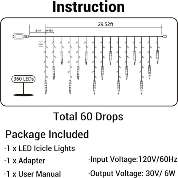 Toodour Christmas Icicle Lights, 29.5ft 360 LED, 8 Modes Instruction