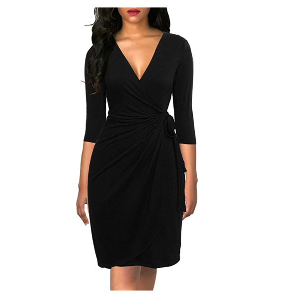 BERYDRESS Women's Sleeve V-Neck Casual Party Work Faux Black Wrap Dresses