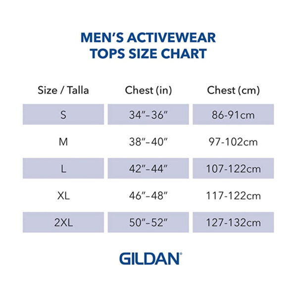 Gildan Men’s Fleece Crewneck Sweatshirt, Style G18000 Size Chart