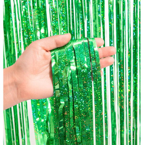 BRAVESHINE Green Glitter Tinsel Foil Fringe Curtains - 2 Pack 3.2 x 8.2 ft Metallic Photo Backdrop for St. Patrick's Day