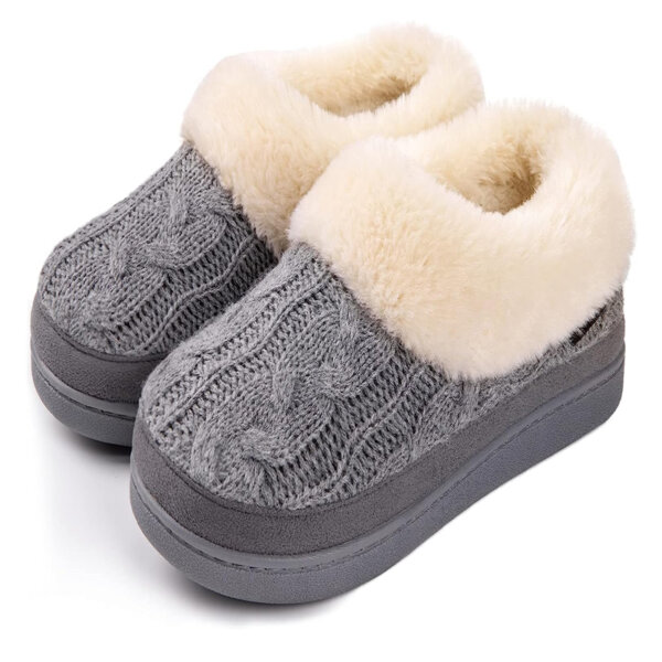 HomeTop Women's Cozy Cable Knit Memory Foam House Shoes Slipper with Fuzzy Plush Collar