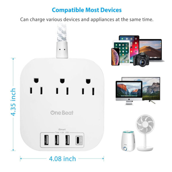 Power Bar Power Strip with USB C, 3 Outlets 4 USB Ports compatible most devices