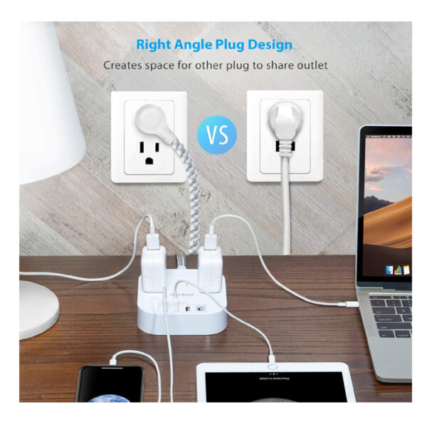 Power Bar Power Strip with USB C, 3 Outlets 4 USB Ports right angle plug design