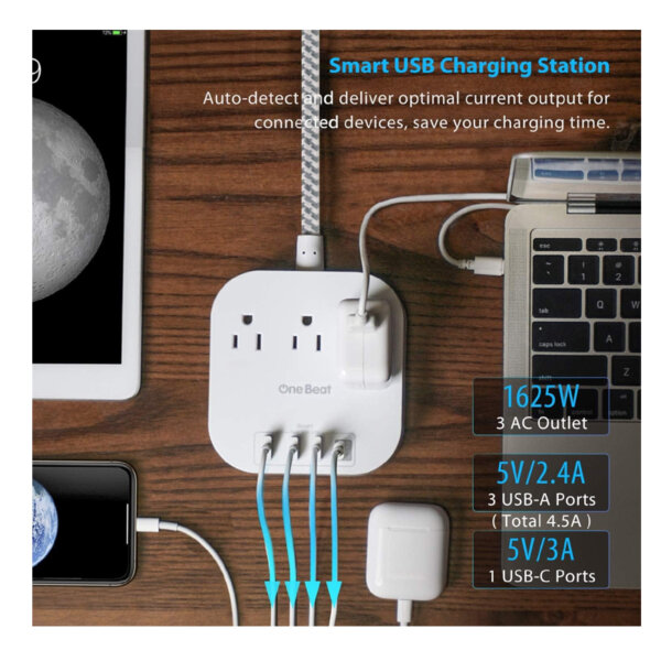 Power Bar Power Strip with USB C, 3 Outlets 4 USB Ports smarts USB charging station