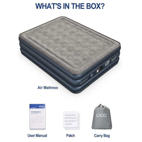 iDOO Air Mattress, Inflatable Airbed with Built-in Pump, 3 Mins Quick Self-Inflation, Comfortable Bedding Top Surface Blow Up Bed what's in the box